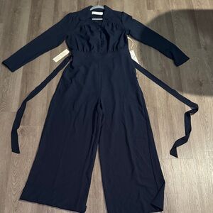 Women's Navy Long-Sleeve Wide-Leg Jumpsuit